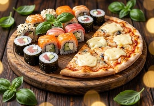 Сет роллов и суши на деревянной доске