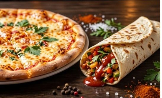 Шаурма с овощами и соусом рядом с пиццей