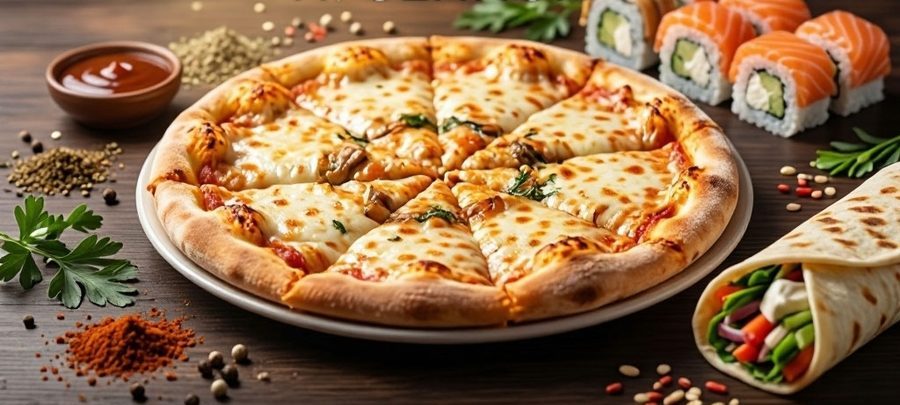 Пицца, роллы и шаурма на общем столе